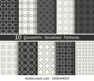 Set of seamless geometric patterns. Black and white line backgrounds collection. Endless repeating linear texture for wallpaper, packaging, banners, invitations, business cards, fabric print