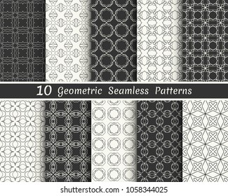 Set of seamless geometric patterns. Black and white line backgrounds collection. Endless repeating linear texture for wallpaper, packaging, banners, invitations, business cards, fabric print