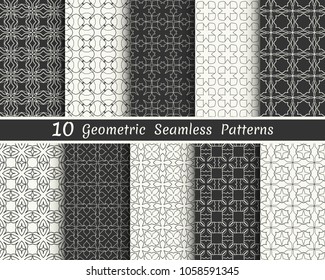 Set of seamless geometric patterns. Black and white line backgrounds collection. Endless repeating linear texture for wallpaper, packaging, banners, invitations, business cards, fabric print