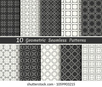 Set of seamless geometric patterns. Black and white line backgrounds collection. Endless repeating linear texture for wallpaper, packaging, banners, invitations, business cards, fabric print
