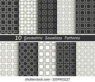 Set of seamless geometric patterns. Black and white line backgrounds collection. Endless repeating linear texture for wallpaper, packaging, banners, invitations, business cards, fabric print