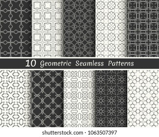 Set of seamless geometric patterns. Black and white line backgrounds collection. Endless repeating linear texture for wallpaper, packaging, banners, invitations, business cards, fabric print