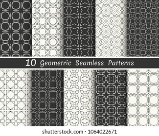 Set of seamless geometric patterns. Black and white line backgrounds collection. Endless repeating linear texture for wallpaper, packaging, banners, invitations, business cards, fabric print
