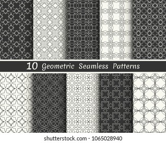 Set of seamless geometric patterns. Black and white line backgrounds collection. Endless repeating linear texture for wallpaper, packaging, banners, invitations, business cards, fabric print