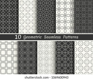 Set of seamless geometric patterns. Black and white line backgrounds collection. Endless repeating linear texture for wallpaper, packaging, banners, invitations, business cards, fabric print