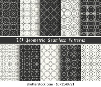 Set of seamless geometric patterns. Black and white line backgrounds collection. Endless repeating linear texture for wallpaper, packaging, banners, invitations, business cards, fabric print