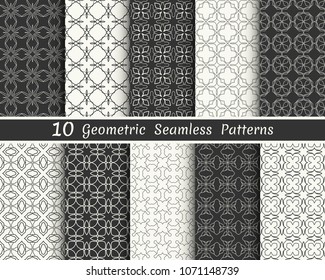 Set of seamless geometric patterns. Black and white line backgrounds collection. Endless repeating linear texture for wallpaper, packaging, banners, invitations, business cards, fabric print
