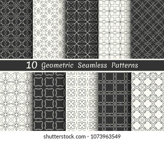 Set of seamless geometric patterns. Black and white line backgrounds collection. Endless repeating linear texture for wallpaper, packaging, banners, invitations, business cards, fabric print