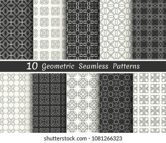 Set of seamless geometric patterns. Black and white line backgrounds collection. Endless repeating linear texture for wallpaper, packaging, banners, invitations, business cards, fabric print