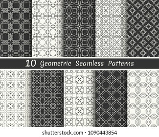 Set of seamless geometric patterns. Black and white line backgrounds collection. Endless repeating linear texture for wallpaper, packaging, banners, invitations, business cards, fabric print