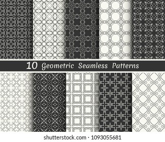Set of seamless geometric patterns. Black and white line backgrounds collection. Endless repeating linear texture for wallpaper, packaging, banners, invitations, business cards, fabric print
