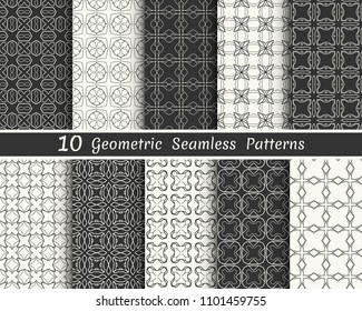 Set of seamless geometric patterns. Black and white line backgrounds collection. Endless repeating linear texture for wallpaper, packaging, banners, invitations, business cards, fabric print