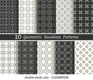 Set of seamless geometric patterns. Black and white line backgrounds collection. Endless repeating linear texture for wallpaper, packaging, banners, invitations, business cards, fabric print
