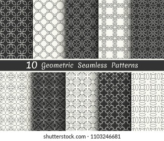 Set of seamless geometric patterns. Black and white line backgrounds collection. Endless repeating linear texture for wallpaper, packaging, banners, invitations, business cards, fabric print