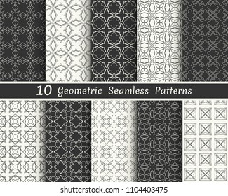 Set of seamless geometric patterns. Black and white line backgrounds collection. Endless repeating linear texture for wallpaper, packaging, banners, invitations, business cards, fabric print