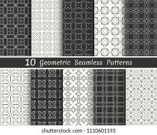 Set of seamless geometric patterns. Black and white line backgrounds collection. Endless repeating linear texture for wallpaper, packaging, banners, invitations, business cards, fabric print
