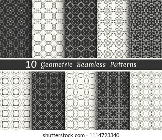 Set of seamless geometric patterns. Black and white line backgrounds collection. Endless repeating linear texture for wallpaper, packaging, banners, invitations, business cards, fabric print