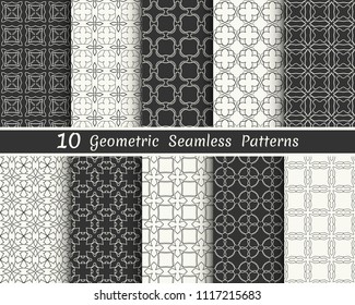 Set of seamless geometric patterns. Black and white line backgrounds collection. Endless repeating linear texture for wallpaper, packaging, banners, invitations, business cards, fabric print