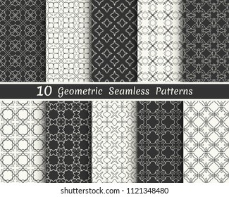 Set of seamless geometric patterns. Black and white line backgrounds collection. Endless repeating linear texture for wallpaper, packaging, banners, invitations, business cards, fabric print