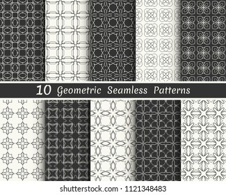 Set of seamless geometric patterns. Black and white line backgrounds collection. Endless repeating linear texture for wallpaper, packaging, banners, invitations, business cards, fabric print