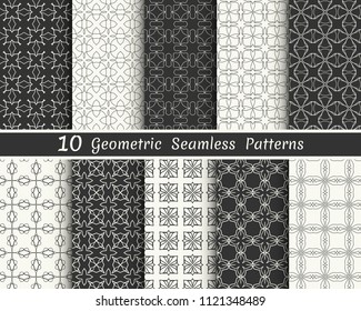 Set of seamless geometric patterns. Black and white line backgrounds collection. Endless repeating linear texture for wallpaper, packaging, banners, invitations, business cards, fabric print