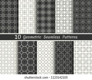 Set of seamless geometric patterns. Black and white line backgrounds collection. Endless repeating linear texture for wallpaper, packaging, banners, invitations, business cards, fabric print