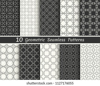 Set of seamless geometric patterns. Black and white line backgrounds collection. Endless repeating linear texture for wallpaper, packaging, banners, invitations, business cards, fabric print