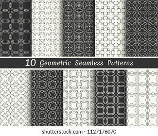 Set of seamless geometric patterns. Black and white line backgrounds collection. Endless repeating linear texture for wallpaper, packaging, banners, invitations, business cards, fabric print