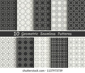 Set of seamless geometric patterns. Black and white line backgrounds collection. Endless repeating linear texture for wallpaper, packaging, banners, invitations, business cards, fabric print
