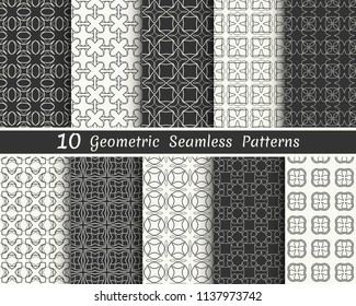 Set of seamless geometric patterns. Black and white line backgrounds collection. Endless repeating linear texture for wallpaper, packaging, banners, invitations, business cards, fabric print
