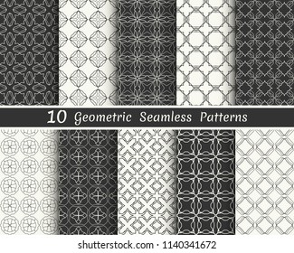 Set of seamless geometric patterns. Black and white line backgrounds collection. Endless repeating linear texture for wallpaper, packaging, banners, invitations, business cards, fabric print