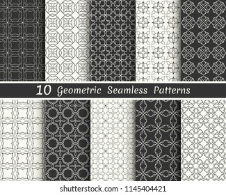 Set of seamless geometric patterns. Black and white line backgrounds collection. Endless repeating linear texture for wallpaper, packaging, banners, invitations, business cards, fabric print