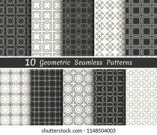 Set of seamless geometric patterns. Black and white line backgrounds collection. Endless repeating linear texture for wallpaper, packaging, banners, invitations, business cards, fabric print