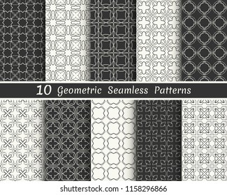 Set of seamless geometric patterns. Black and white line backgrounds collection. Endless repeating linear texture for wallpaper, packaging, banners, invitations, business cards, fabric print
