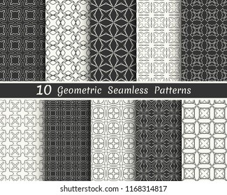 Set of seamless geometric patterns. Black and white line backgrounds collection. Endless repeating linear texture for wallpaper, packaging, banners, invitations, business cards, fabric print