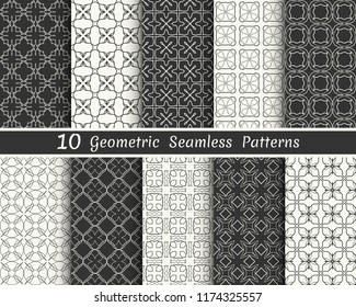 Set of seamless geometric patterns. Black and white line backgrounds collection. Endless repeating linear texture for wallpaper, packaging, banners, invitations, business cards, fabric print