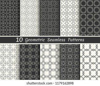 Set of seamless geometric patterns. Black and white line backgrounds collection. Endless repeating linear texture for wallpaper, packaging, banners, invitations, business cards, fabric print