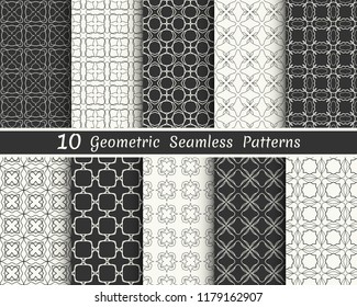 Set of seamless geometric patterns. Black and white line backgrounds collection. Endless repeating linear texture for wallpaper, packaging, banners, invitations, business cards, fabric print