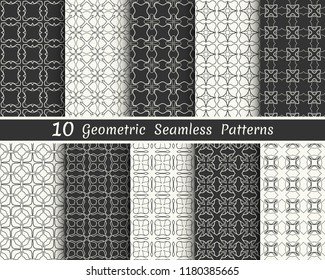 Set of seamless geometric patterns. Black and white line backgrounds collection. Endless repeating linear texture for wallpaper, packaging, banners, invitations, business cards, fabric print