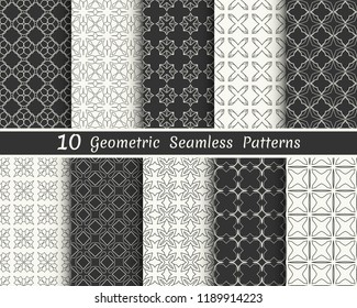 Set of seamless geometric patterns. Black and white line backgrounds collection. Endless repeating linear texture for wallpaper, packaging, banners, invitations, business cards, fabric print