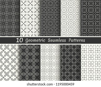 Set of seamless geometric patterns. Black and white line backgrounds collection. Endless repeating linear texture for wallpaper, packaging, banners, invitations, business cards, fabric print