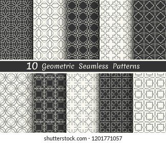 Set of seamless geometric patterns. Black and white line backgrounds collection. Endless repeating linear texture for wallpaper, packaging, banners, invitations, business cards, fabric print