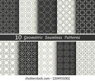 Set of seamless geometric patterns. Black and white line backgrounds collection. Endless repeating linear texture for wallpaper, packaging, banners, invitations, business cards, fabric print
