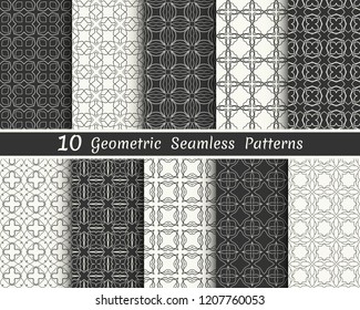 Set of seamless geometric patterns. Black and white line backgrounds collection. Endless repeating linear texture for wallpaper, packaging, banners, invitations, business cards, fabric print