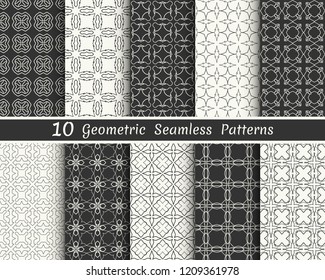 Set of seamless geometric patterns. Black and white line backgrounds collection. Endless repeating linear texture for wallpaper, packaging, banners, invitations, business cards, fabric print