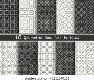 Set of seamless geometric patterns. Black and white line backgrounds collection. Endless repeating linear texture for wallpaper, packaging, banners, invitations, business cards, fabric print