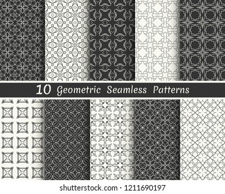 Set of seamless geometric patterns. Black and white line backgrounds collection. Endless repeating linear texture for wallpaper, packaging, banners, invitations, business cards, fabric print