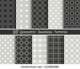 Set of seamless geometric patterns. Black and white line backgrounds collection. Endless repeating linear texture for wallpaper, packaging, banners, invitations, business cards, fabric print