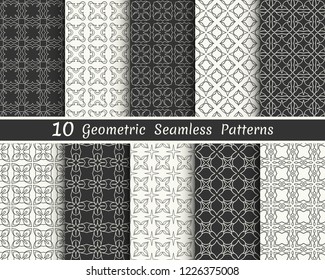 Set of seamless geometric patterns. Black and white line backgrounds collection. Endless repeating linear texture for wallpaper, packaging, banners, invitations, business cards, fabric print