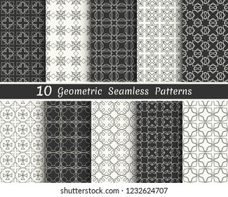 Set of seamless geometric patterns. Black and white line backgrounds collection. Endless repeating linear texture for wallpaper, packaging, banners, invitations, business cards, fabric print